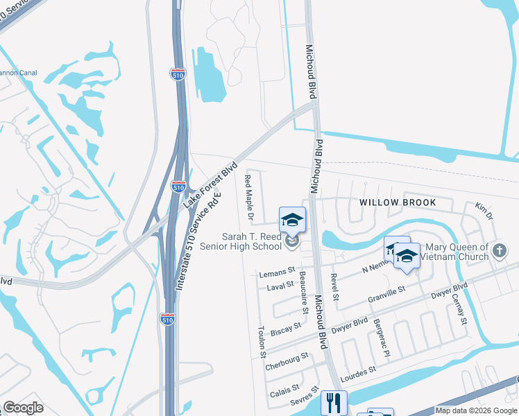 map of restaurants, bars, coffee shops, grocery stores, and more near 5580 New England Drive in New Orleans