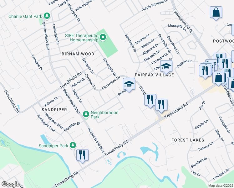 map of restaurants, bars, coffee shops, grocery stores, and more near 23102 Ludgate Drive in Spring