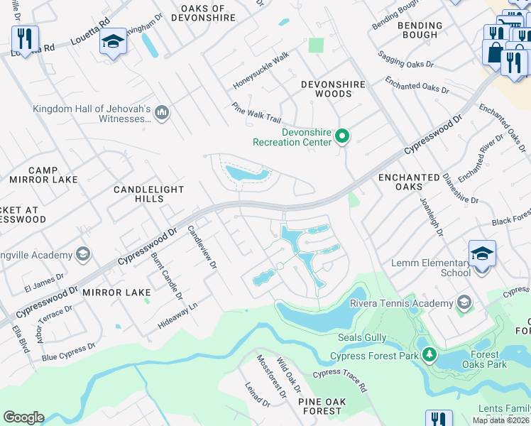 map of restaurants, bars, coffee shops, grocery stores, and more near 2606 Hendricks Lakes Drive in Spring
