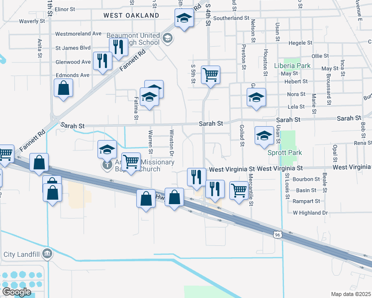 map of restaurants, bars, coffee shops, grocery stores, and more near 4385 Booker Street in Beaumont
