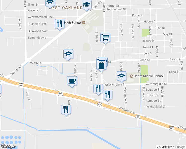 map of restaurants, bars, coffee shops, grocery stores, and more near 4385 Booker Street in Beaumont