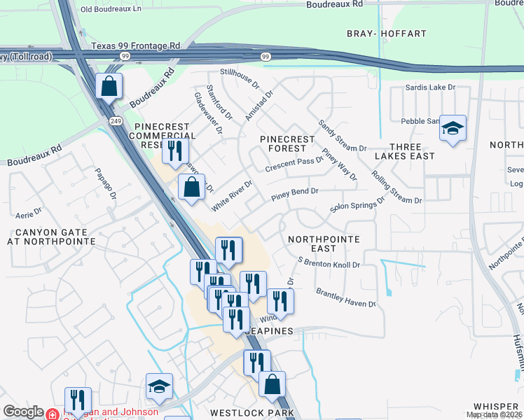 map of restaurants, bars, coffee shops, grocery stores, and more near 12211 Piney Bend Drive in Tomball