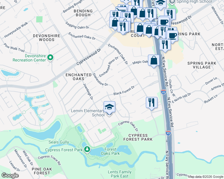 map of restaurants, bars, coffee shops, grocery stores, and more near 19111 Dianeshire Drive in Spring