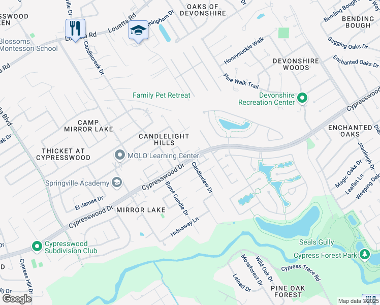 map of restaurants, bars, coffee shops, grocery stores, and more near 2803 Crescent Star Road in Spring