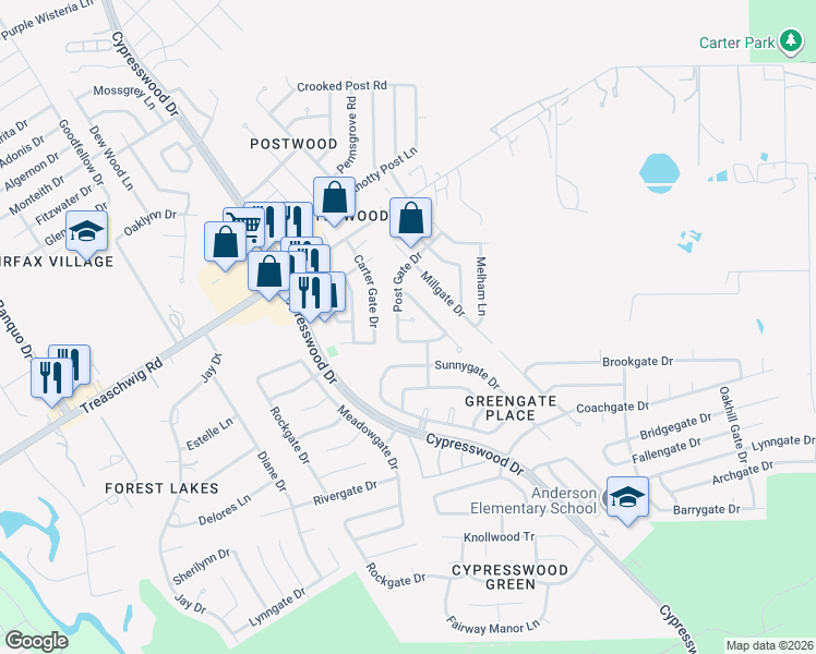 map of restaurants, bars, coffee shops, grocery stores, and more near 5710 Spring Grove Lane in Spring