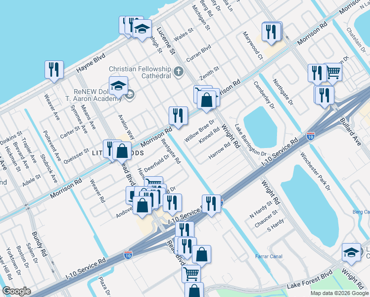 map of restaurants, bars, coffee shops, grocery stores, and more near 7410 Willow Brae Drive in New Orleans