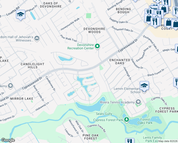 map of restaurants, bars, coffee shops, grocery stores, and more near 2414 Hendricks Lakes Drive in Spring