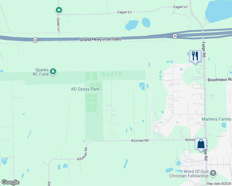 map of restaurants, bars, coffee shops, grocery stores, and more near 18438 Camellia Court in Cypress
