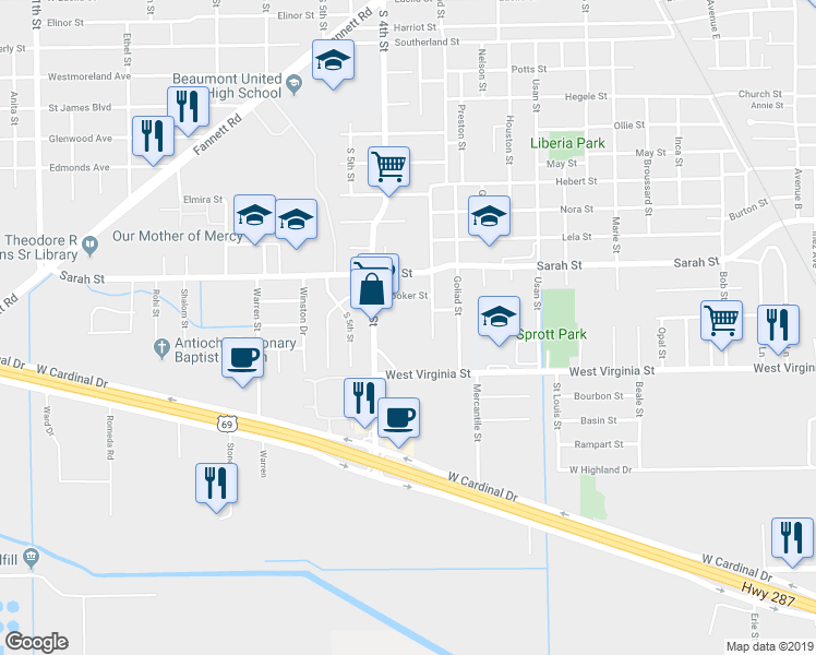 map of restaurants, bars, coffee shops, grocery stores, and more near 4485 Abraham Street in Beaumont