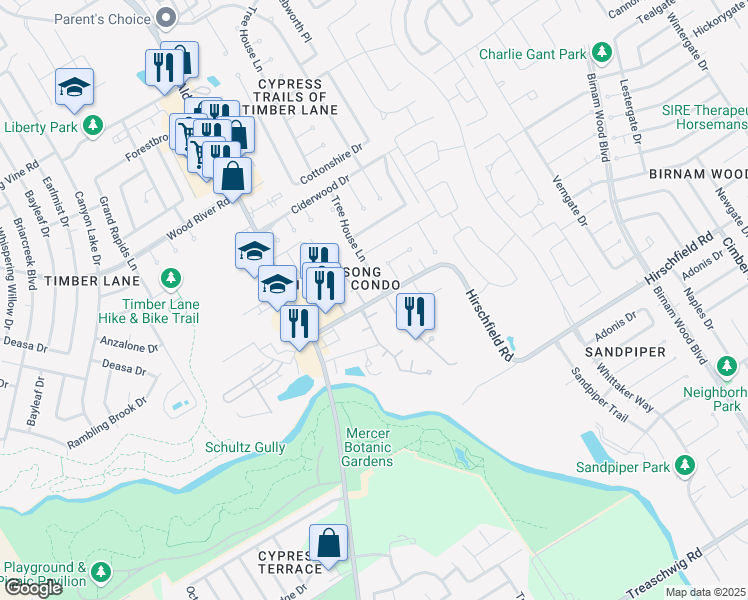 map of restaurants, bars, coffee shops, grocery stores, and more near 3030 Hirschfield Road in Spring