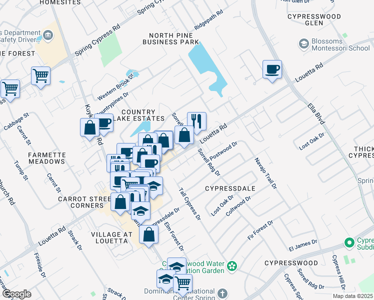map of restaurants, bars, coffee shops, grocery stores, and more near 4514 Louetta Road in Spring