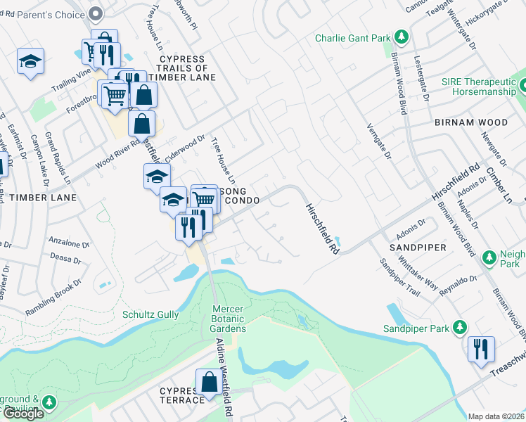 map of restaurants, bars, coffee shops, grocery stores, and more near 3113 Trembling Creek Circle in Spring