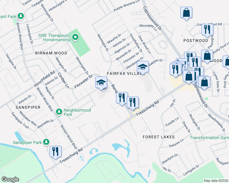 map of restaurants, bars, coffee shops, grocery stores, and more near 23019 Banquo Drive in Spring
