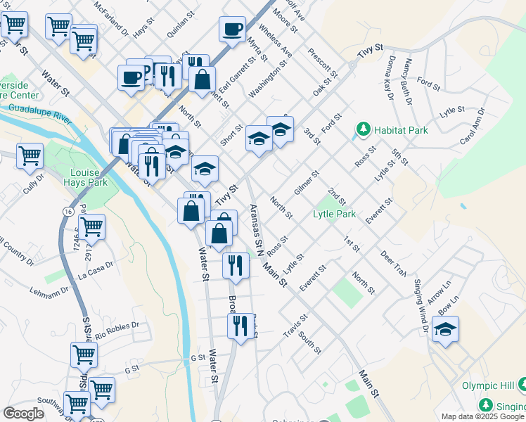 map of restaurants, bars, coffee shops, grocery stores, and more near 1116 Aransas Street in Kerrville