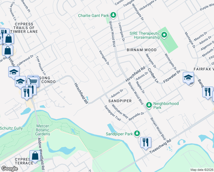 map of restaurants, bars, coffee shops, grocery stores, and more near 3918 Hirschfield Road in Spring