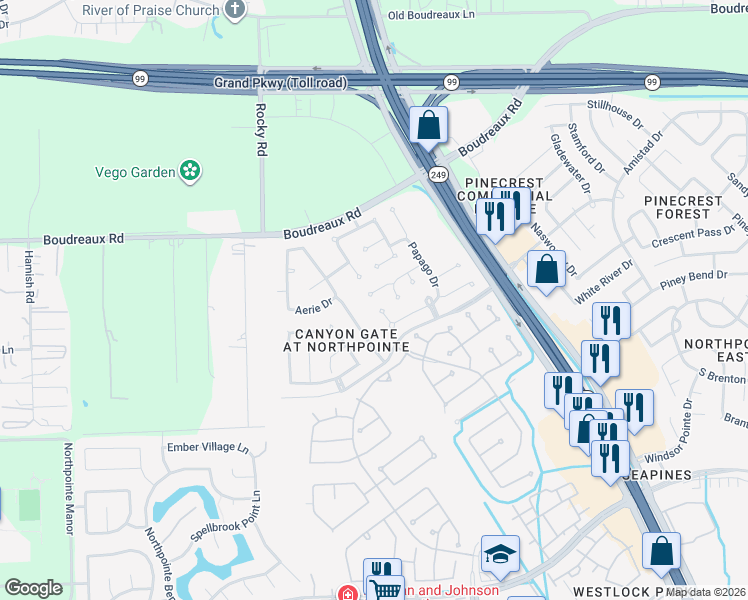 map of restaurants, bars, coffee shops, grocery stores, and more near 11723 Coconino Lane in Tomball