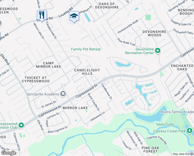 map of restaurants, bars, coffee shops, grocery stores, and more near 18938 Candlelight Crescent Road in Spring