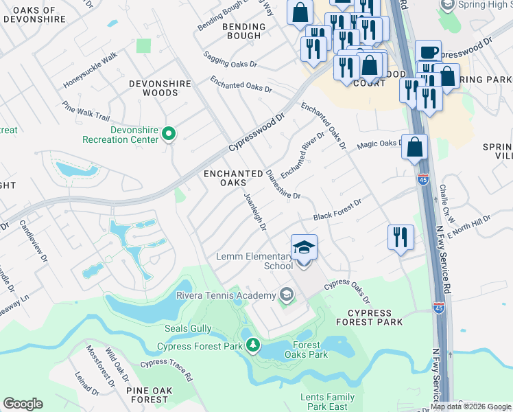 map of restaurants, bars, coffee shops, grocery stores, and more near 515 Magic Oaks Drive in Spring