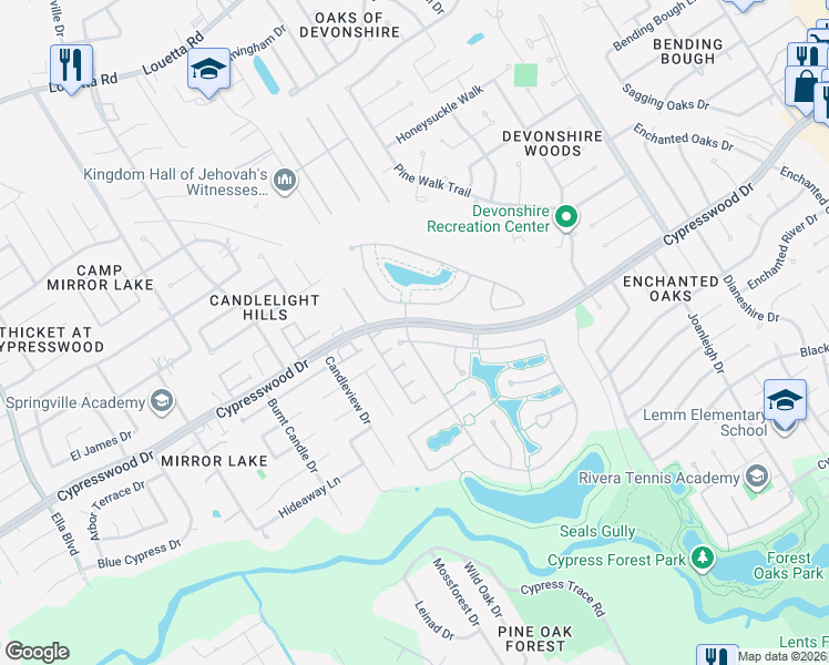 map of restaurants, bars, coffee shops, grocery stores, and more near 2630 Hendricks Lakes Drive in Spring