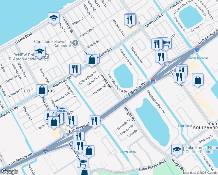 map of restaurants, bars, coffee shops, grocery stores, and more near 11050 Yardley Road in New Orleans