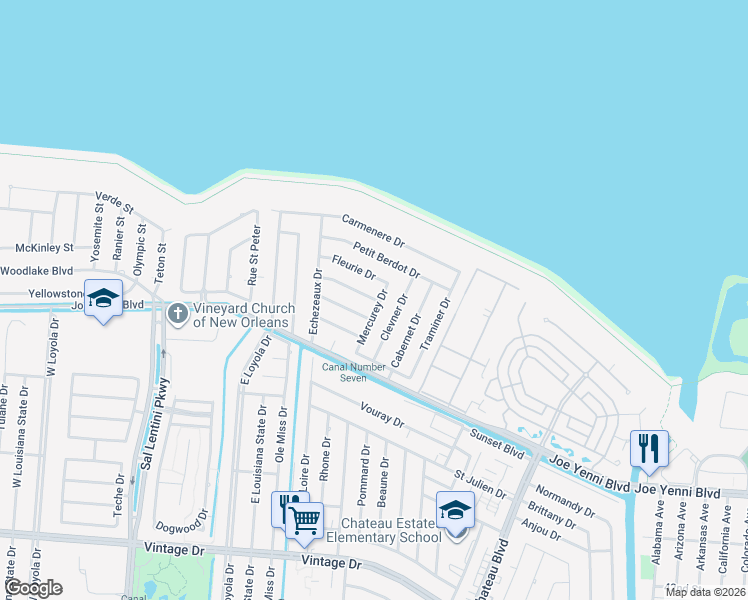 map of restaurants, bars, coffee shops, grocery stores, and more near 645 Chambertin Drive in Kenner