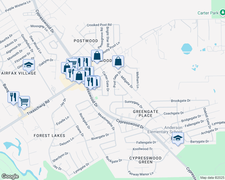 map of restaurants, bars, coffee shops, grocery stores, and more near 22719 Post Gate Drive in Spring
