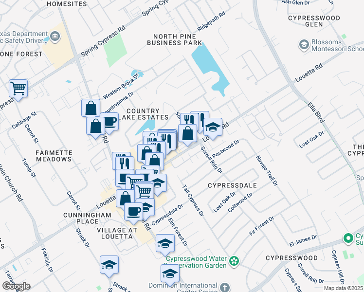 map of restaurants, bars, coffee shops, grocery stores, and more near 4550 Louetta Road in Spring