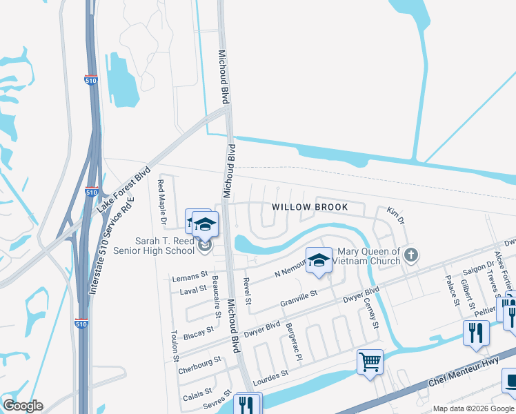 map of restaurants, bars, coffee shops, grocery stores, and more near 5521 Patio Way in New Orleans