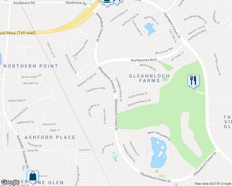 map of restaurants, bars, coffee shops, grocery stores, and more near Gleannloch Forest Drive in Spring