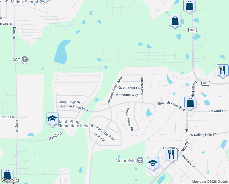 map of restaurants, bars, coffee shops, grocery stores, and more near 1049 Shadow Creek Boulevard in Buda