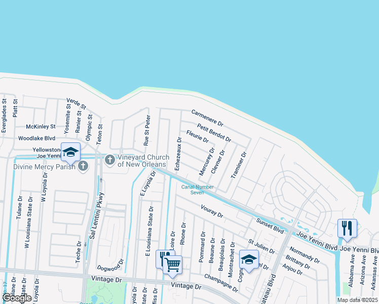 map of restaurants, bars, coffee shops, grocery stores, and more near 621 Meursault Drive in Kenner