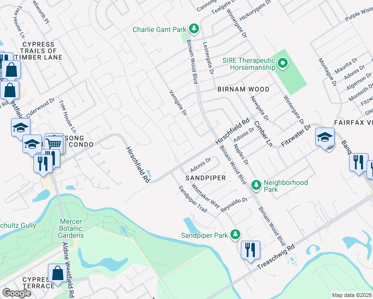 map of restaurants, bars, coffee shops, grocery stores, and more near 3918 Hirschfield Road in Spring