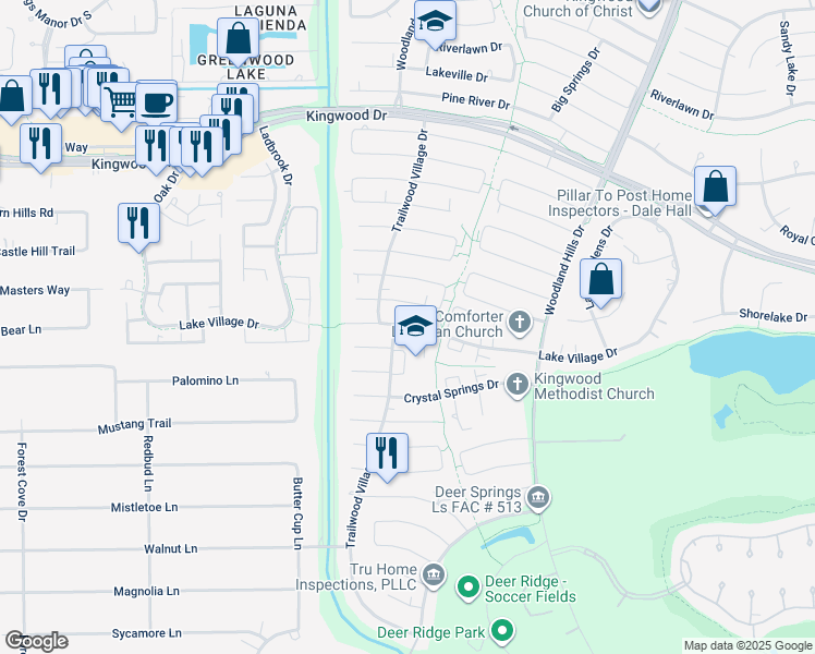 map of restaurants, bars, coffee shops, grocery stores, and more near 2017 Lake Village Drive in Houston