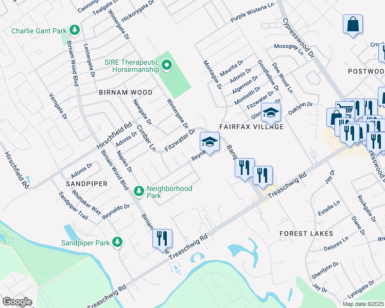 map of restaurants, bars, coffee shops, grocery stores, and more near 23102 Ludgate Drive in Spring