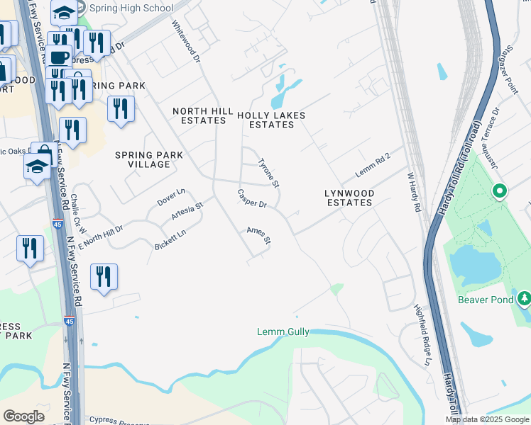 map of restaurants, bars, coffee shops, grocery stores, and more near 642 Ames Street in Spring