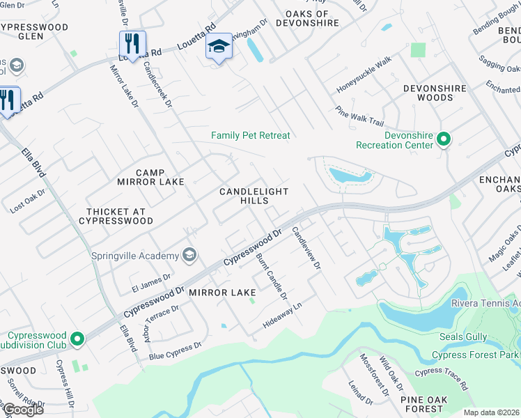 map of restaurants, bars, coffee shops, grocery stores, and more near 18938 Candlelight Crescent Road in Spring