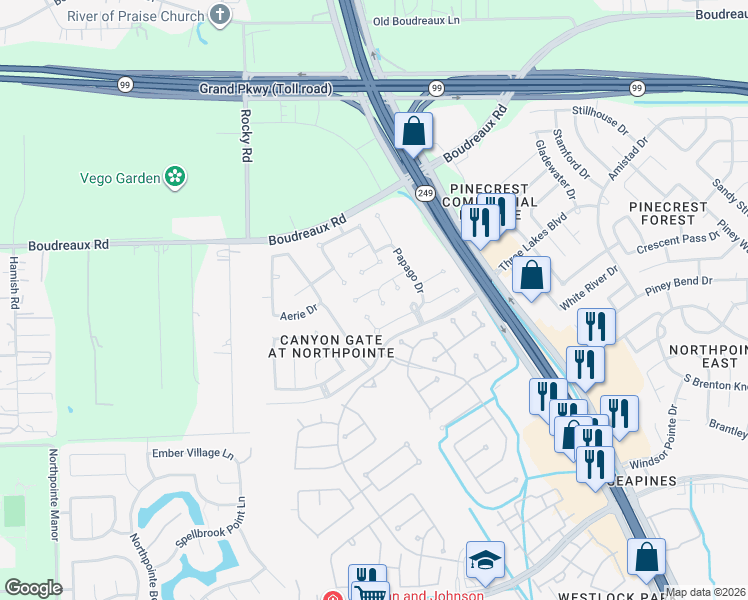 map of restaurants, bars, coffee shops, grocery stores, and more near 11726 Curry Ridge Lane in Tomball