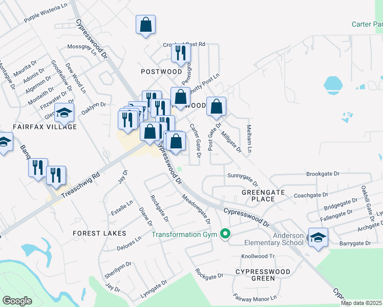 map of restaurants, bars, coffee shops, grocery stores, and more near 22710 Carter Gate Drive in Spring