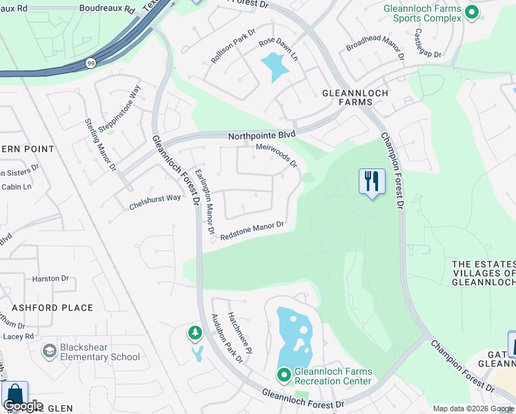 map of restaurants, bars, coffee shops, grocery stores, and more near 1602 Noble Pointe Drive in Spring