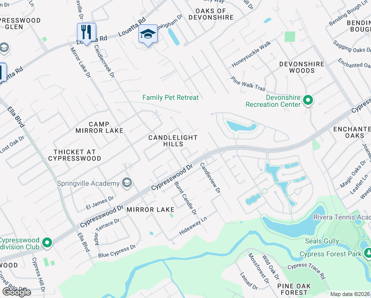 map of restaurants, bars, coffee shops, grocery stores, and more near 18938 Candlelight Crescent Road in Spring