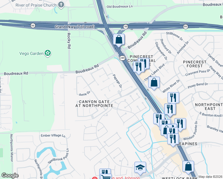 map of restaurants, bars, coffee shops, grocery stores, and more near 11719 Curry Ridge Lane in Tomball