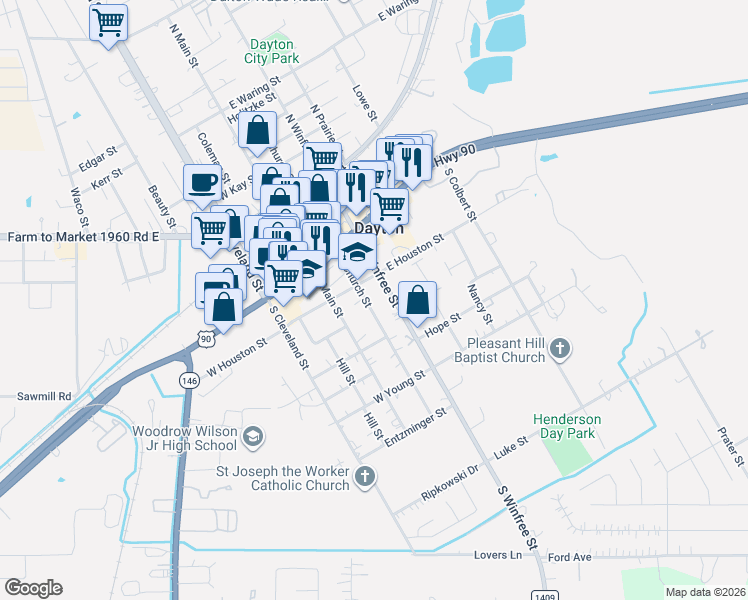 map of restaurants, bars, coffee shops, grocery stores, and more near 300 South Church Street in Dayton