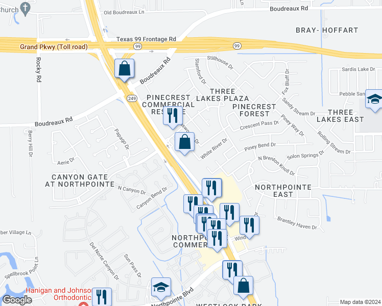 map of restaurants, bars, coffee shops, grocery stores, and more near 19223 Twin Buttes Drive in Tomball