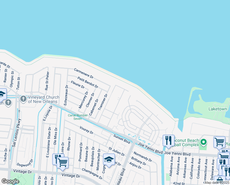map of restaurants, bars, coffee shops, grocery stores, and more near 862 Joe Yenni Blvd in Kenner