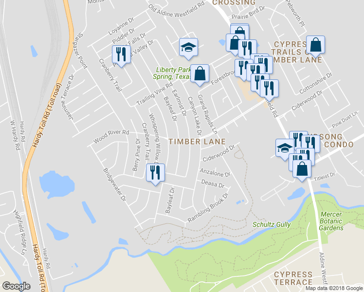 map of restaurants, bars, coffee shops, grocery stores, and more near 23126 Bayleaf Drive in Spring