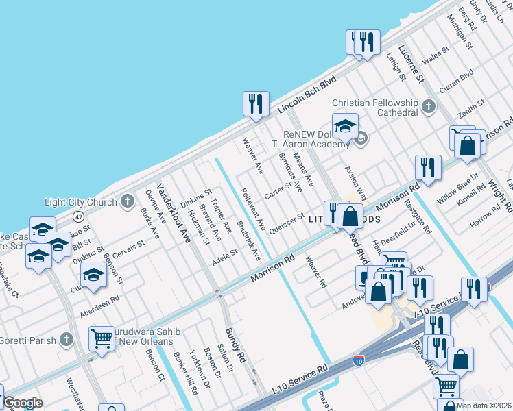 map of restaurants, bars, coffee shops, grocery stores, and more near 7300 Poitevent Avenue in New Orleans
