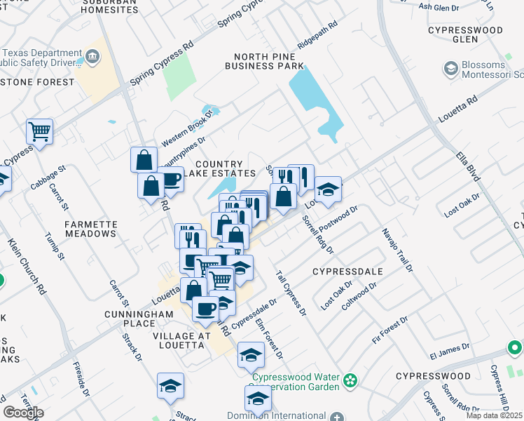 map of restaurants, bars, coffee shops, grocery stores, and more near 4550 Louetta Road in Spring