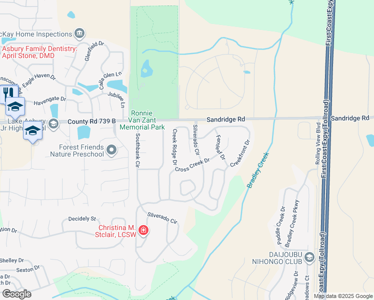 map of restaurants, bars, coffee shops, grocery stores, and more near 2615 Creek Ridge Drive in Green Cove Springs