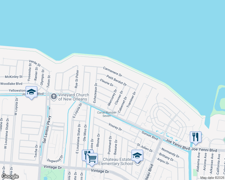 map of restaurants, bars, coffee shops, grocery stores, and more near 645 Chambertin Drive in Kenner