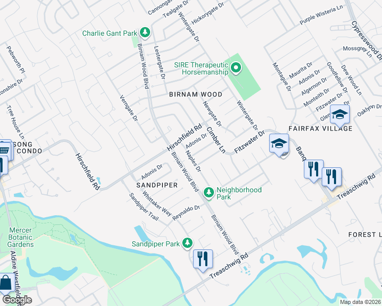 map of restaurants, bars, coffee shops, grocery stores, and more near 4403 Algernon Drive in Spring